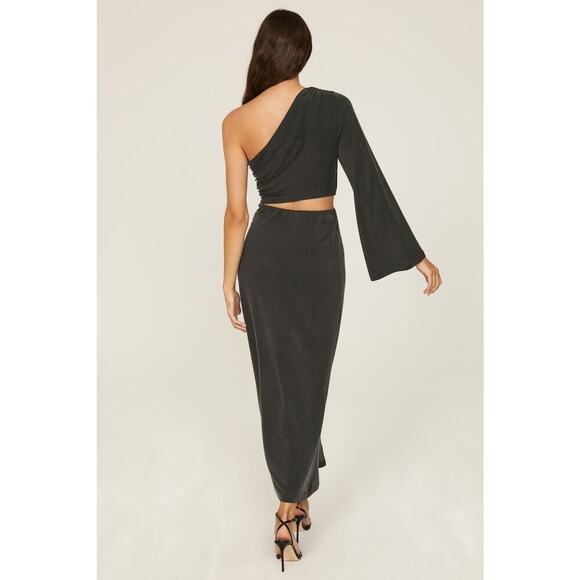 SOMETHING NAVY Black Jersey One Shoulder Long Sleeve Mid-Cutout Gown Medium - Picture 2 of 16